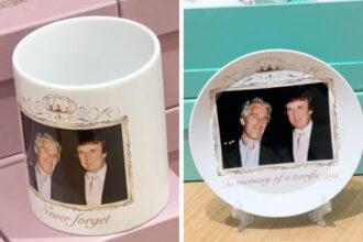 A commemorative cup and plate which have the same image of Donald Trump and Jeffry Epstein