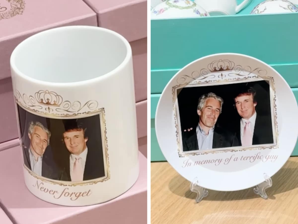 A commemorative cup and plate which have the same image of Donald Trump and Jeffry Epstein