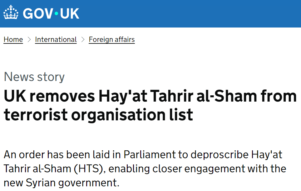 HTS, the Syrian ISIS subsidiary, removed by Starmer from terror list
