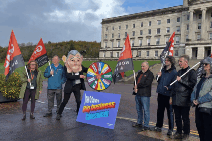 Stormont protest calls out corporate polluters and genocidaires