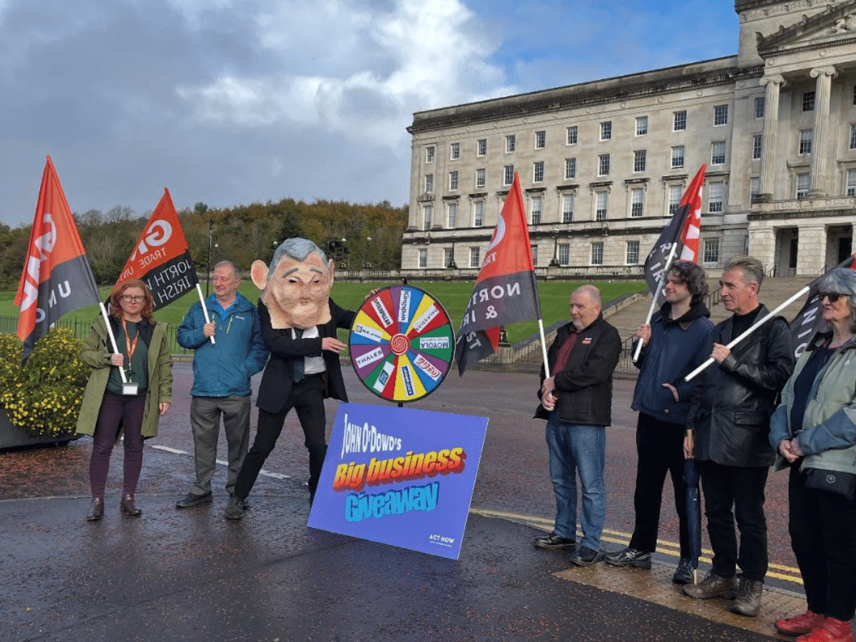 Stormont protest calls out corporate polluters and genocidaires